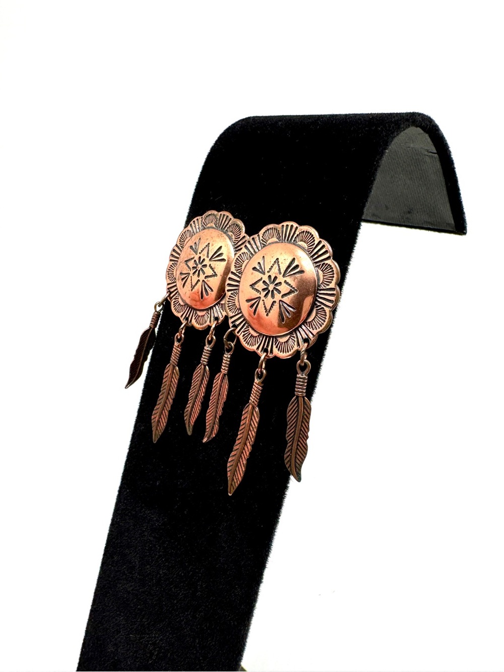 Vintage Copper Feather Dangle Concho Earrings Post Back